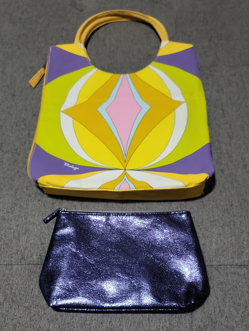 VTG Biolage Reversible Geometric Yellow Tote & Redken Metallic Purple Pouch New